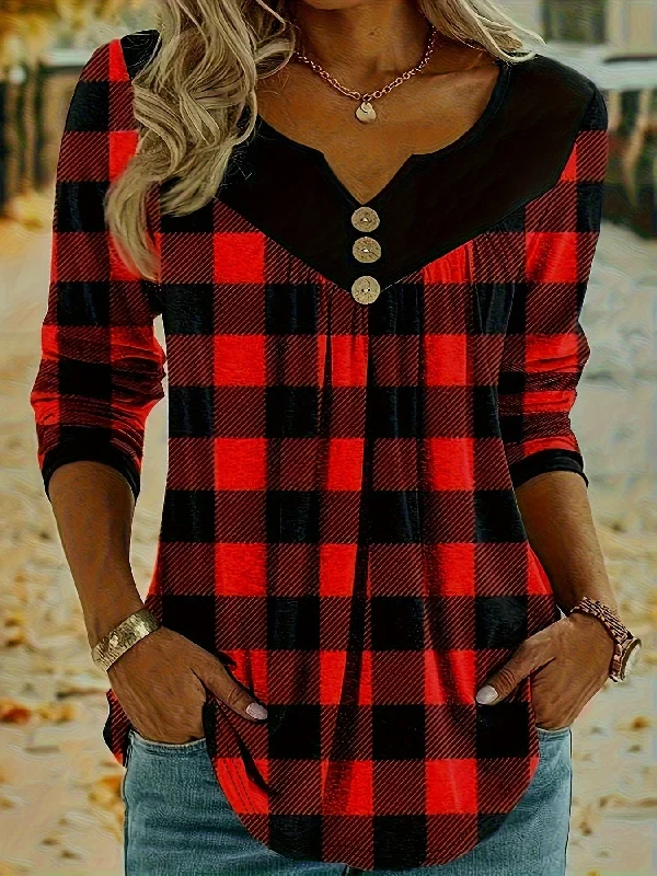 Casual Plaid Print Notch Neck Long Sleeve Button T-Shirt Real Fur Shearling Chenille