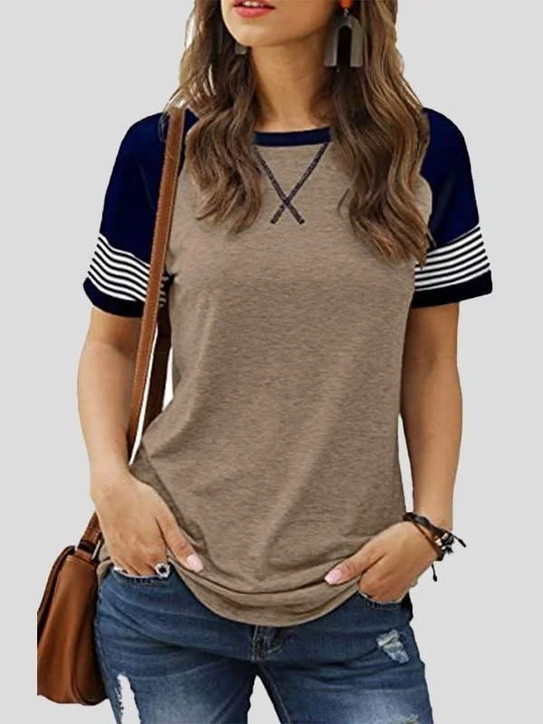 Casual Splicing Faded Short-sleeved Ladies T-shirt Notch Collar Peter Pan Collar Cowl Neck