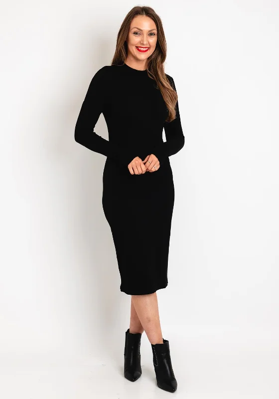 Tiffosi Basic Ribbed Knit Midi Dress, Black Fashionable One-Shoulder Midi Dress