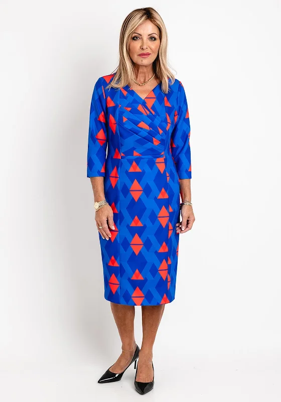 Coco Doll Pleated Chest Detail Print Midi Dress, Royal Blue Elegant Pleated Detail Midi Dress