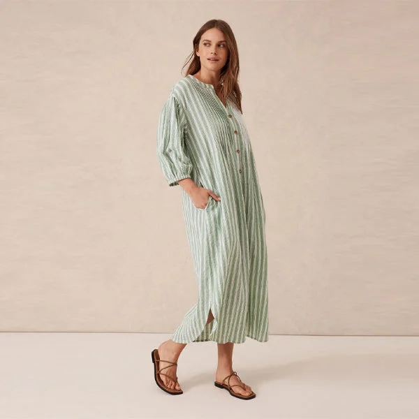 Crinkle Midi Dress - Grass Green + White Stripe Trendy Long Sleeve Midi Dress