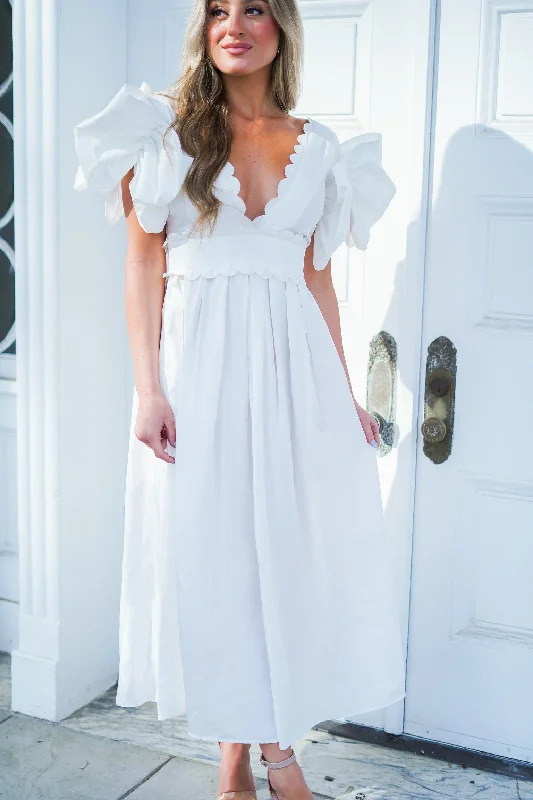 Curazao White V-Neck Midi Dress - FINAL SALE Elegant Maxi-Midi Hybrid Dress