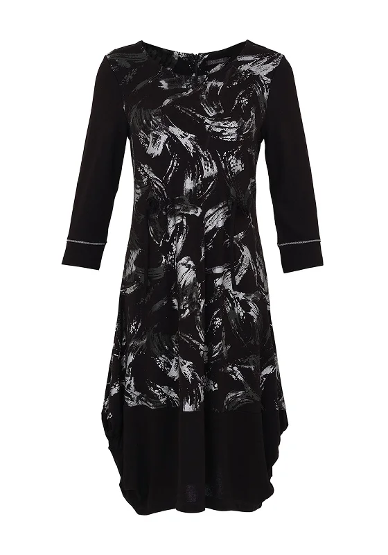 Dolcezza Brush Stroke Print Tie Waist Midi Dress, Black Stylish Vintage Midi Dress