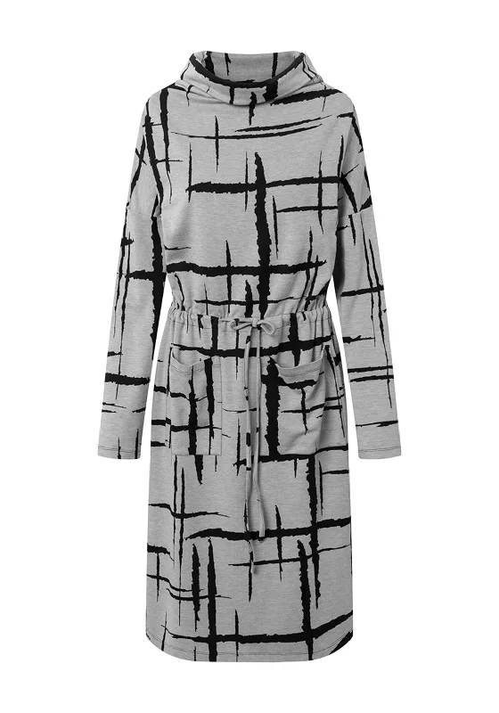 Elsewhere Marau Drawstring Waist Bold Print Midi Dress, Anthracite Comfortable Ribbed Midi Dress