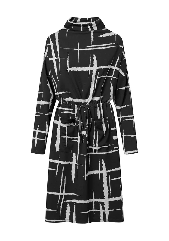 Elsewhere Marau Drawstring Waist Bold Print Midi Dress, Black Cozy Tie-Dye Midi Dress