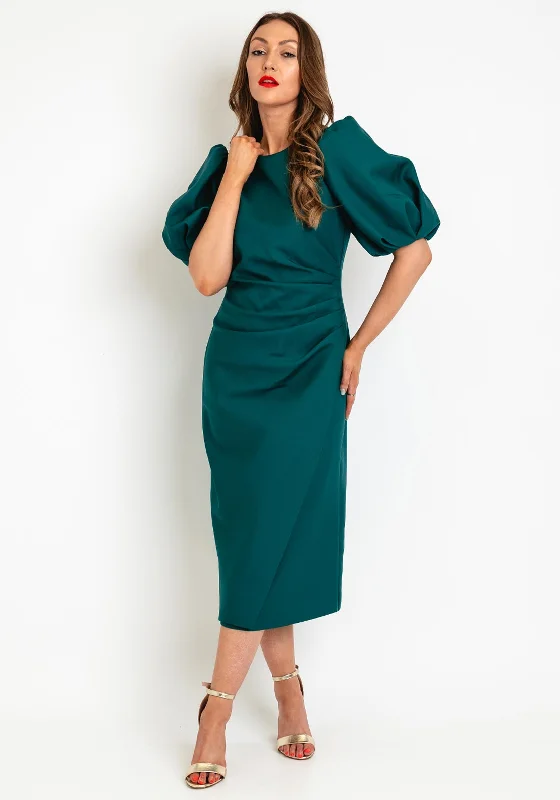 Exquise Ruched Waist Pencil Midi Dress, Forest Green Trendy Off-Shoulder Ruffle Midi Dress