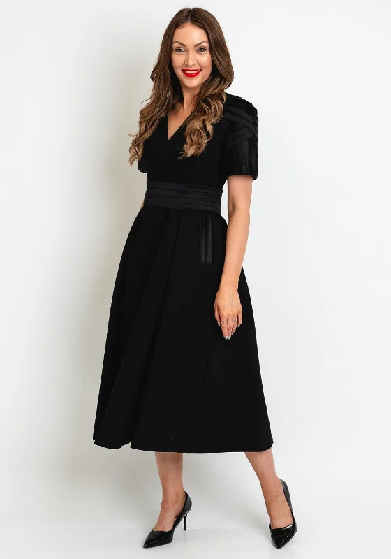 Exquise Satin Pleated Sleeve Midi Dress, Black Stylish Wraparound Midi Dress