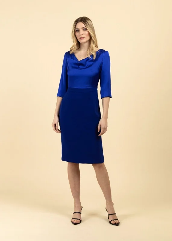 Fee G Sylvie Drape Neck Contrasting Pencil Midi Dress, Blue Comfortable Ruched Midi Dress