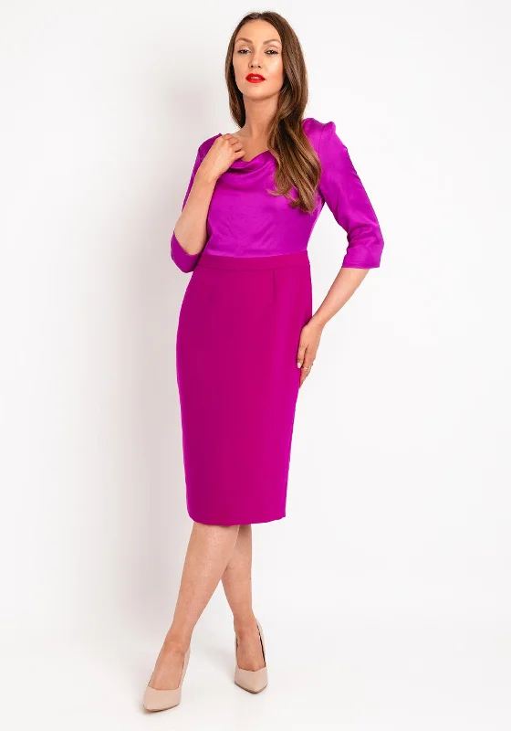 Fee G Sylvie Drape Neck Contrasting Pencil Midi Dress, Magenta Cozy Wide Strap Midi Dress