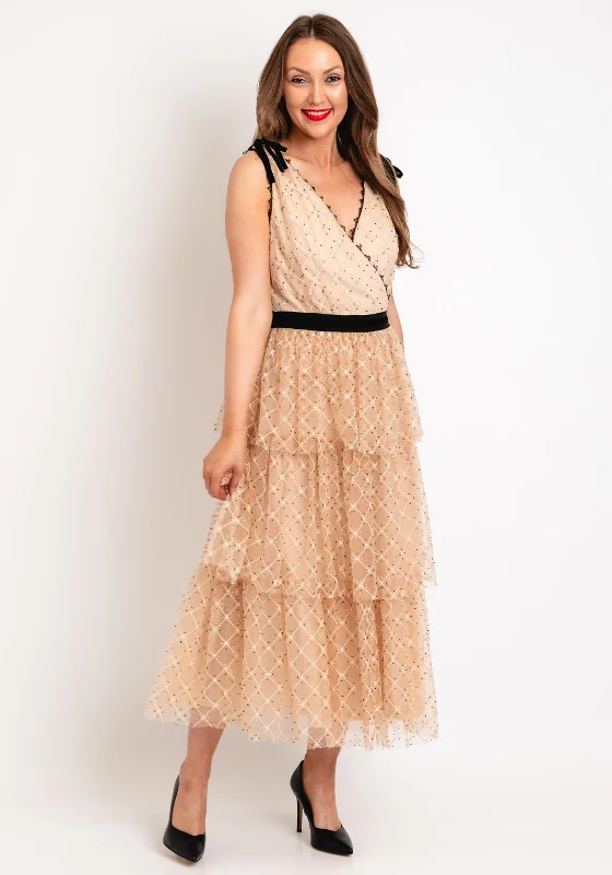 Fee G Beaded Mesh Tiered Midi Dress, Nude Stylish Wraparound Midi Dress