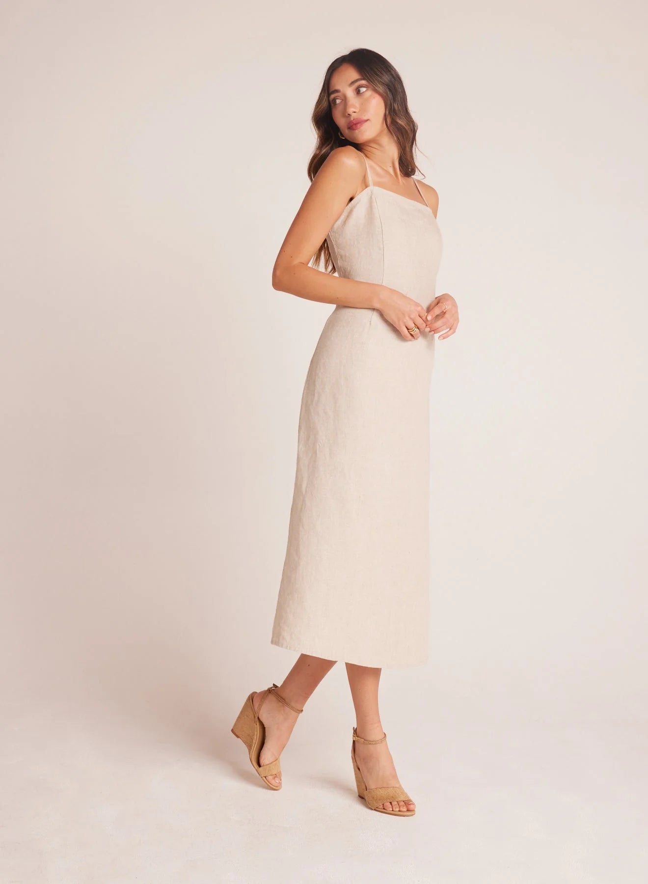 Fitted Cami Midi Dress - Linen Sand - FINAL SALE Trendy Long Sleeve Midi Dress