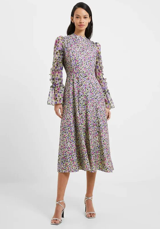 French Connection Alezzia Sheer Sleeve Floral Midi Dress, Sharp Green Cozy Wide Strap Midi Dress