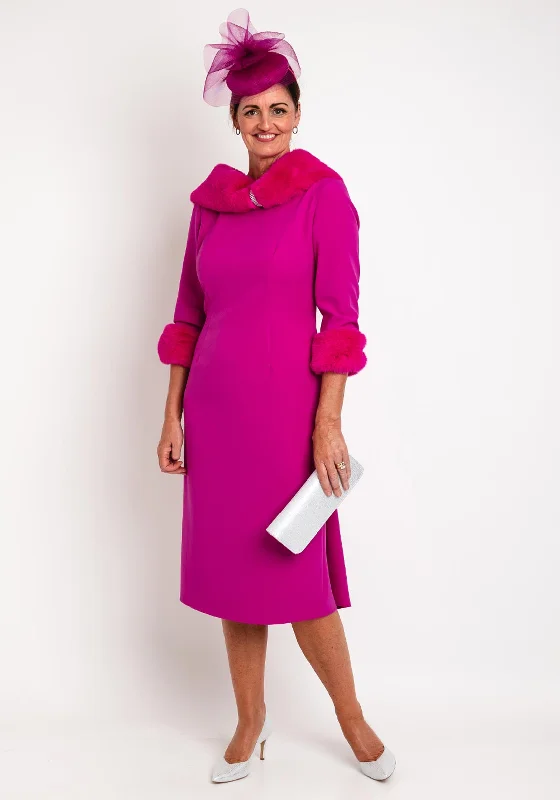 Gabriela Sanchez Faux Fur Trim Midi Dress, Fuchsia Trendy Shift Midi Dress