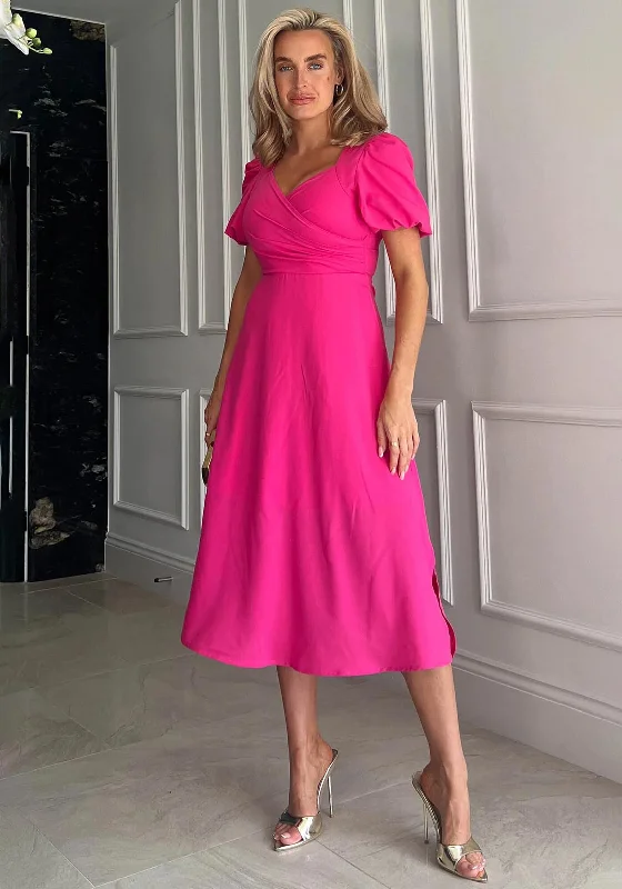 Girl in Mind Tamsin Wrap Style Midi Dress, Pink Fashionable Sheer Sleeve Midi Dress