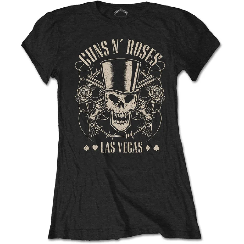 Guns N' Roses Ladies T-Shirt: Top Hat, Skull & Pistols Las Vegas Notch Collar Peter Pan Collar Cowl Neck