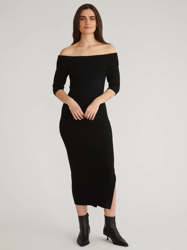 Jennifer: Off Shoulder Midi Dress Trendy Knit Midi Dress