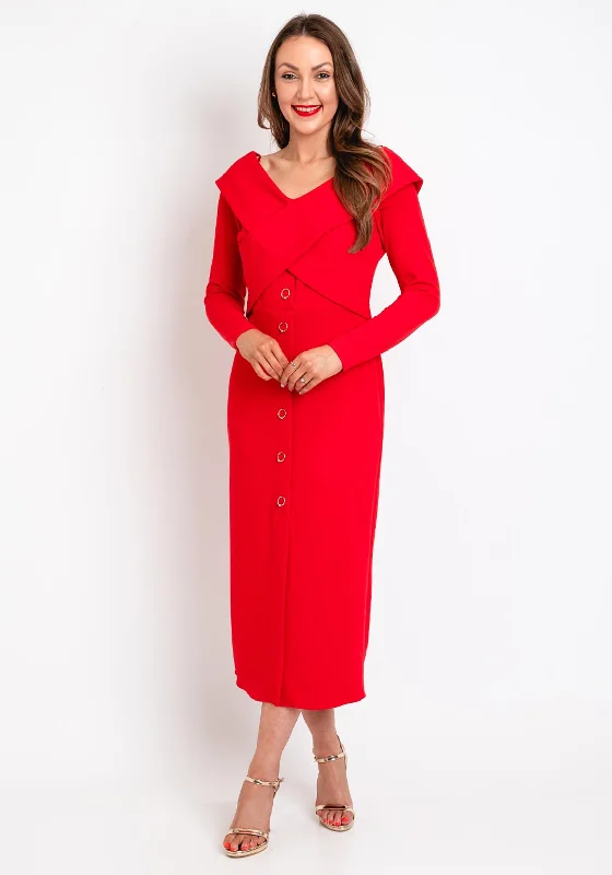 Kameya Cross-Over Bodice Midi Dress, Red Chic Lace Detail Midi Dress