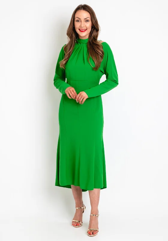 Kameya Tie Neck, Cold Shoulder Midi Dress, Green Stylish Wraparound Midi Dress