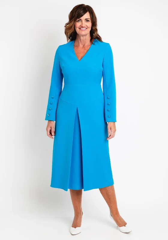 Kameya Button Flare Sleeve Midi Dress, Blue Trendy A-Line Midi Dress