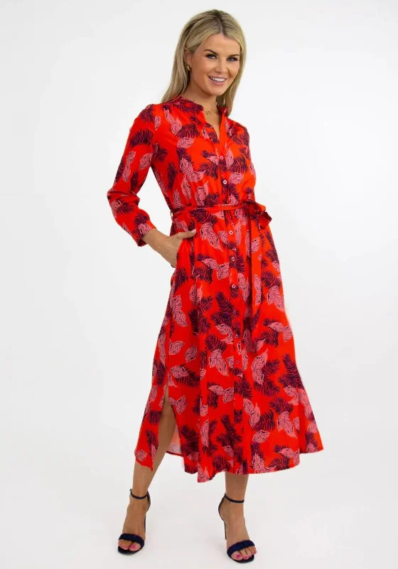 Kate & Pippa Capri Leaf Print Midi Dress, Orange Multi Comfortable Fit-and-Flare Midi Dress