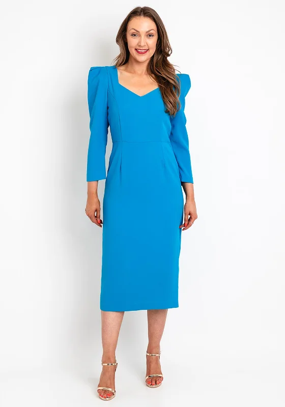 Kate Cooper Puff Shoulder Midi Dress, Blue Stylish High-Waisted Midi Dress