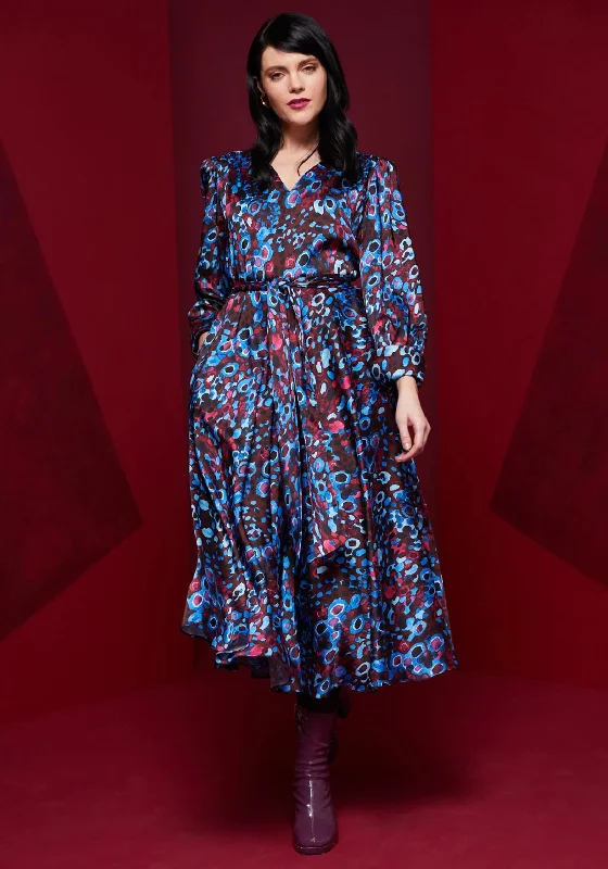 Kate Cooper Abstract Print Satin A-Line Midi Dress, French Blue Comfortable Fit-and-Flare Midi Dress