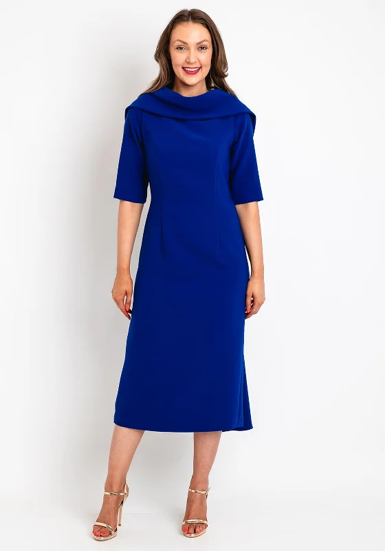 Kate Cooper Folded Round Neckline Midi Dress, Royal Blue Fashionable Chiffon Midi Dress