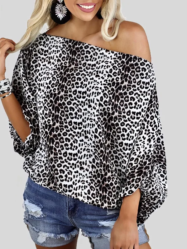 Leopard Print Oblique Collar Off Shoulder Long Sleeve Casual T-Shirt Ribbed T-Shirt High Neck Heavyweight