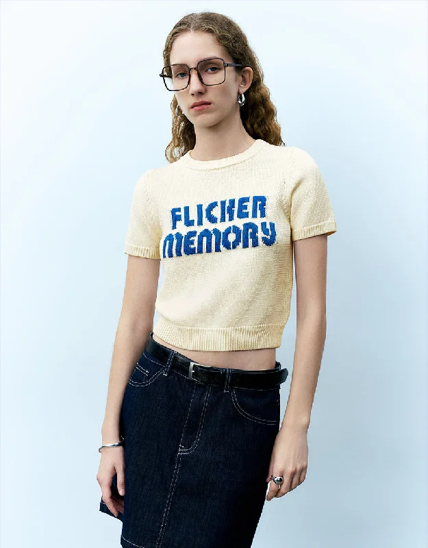 Letter Printed Crew Neck Knitted T-Shirt Chenille Brocade Lace