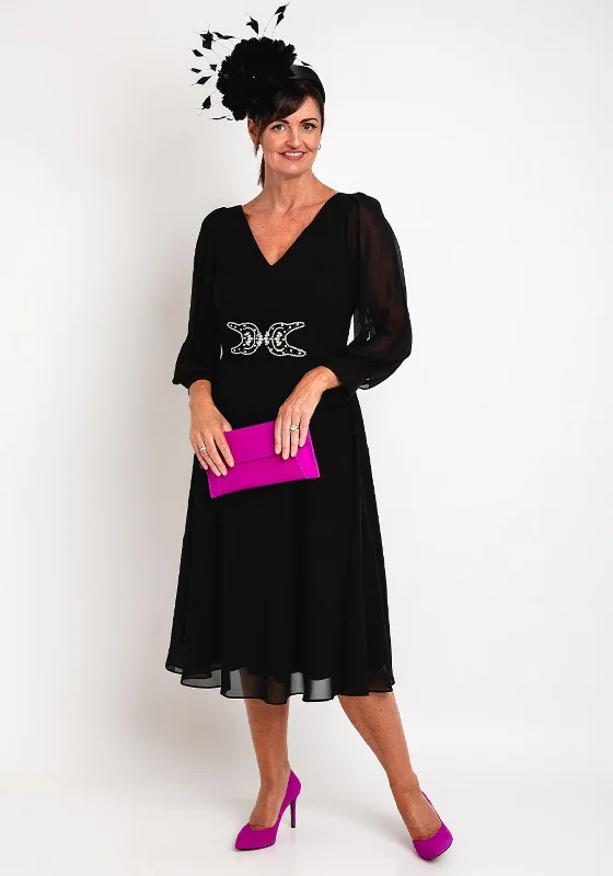 Lizabella Sheer Sleeve Embellished Waist Midi Dress, Black Stylish Pleated Skirt Midi Dress