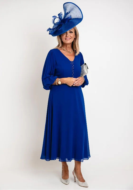 Lizabella Pleated Chiffon Sleeve Midi Dress, Royal Blue Elegant Maxi-Midi Hybrid Dress