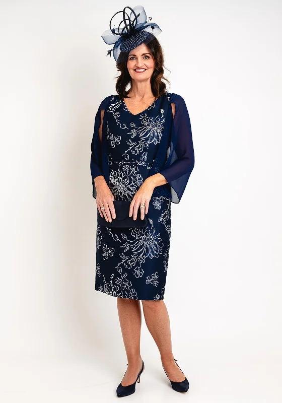 Lizabella Floral Jacquard Chiffon Sleeve Midi Dress, Navy Cozy A-Line Midi Dress