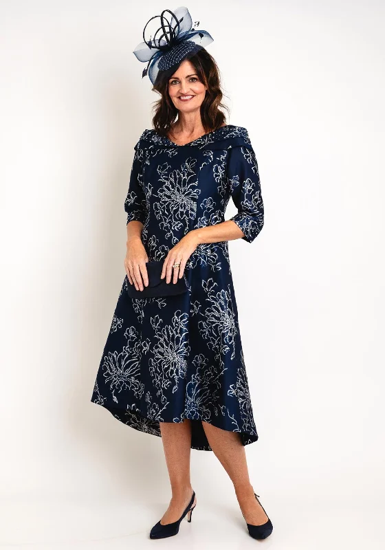 Lizabella Floral Jacquard Dip Hem Midi Dress, Navy Elegant Pleated Detail Midi Dress