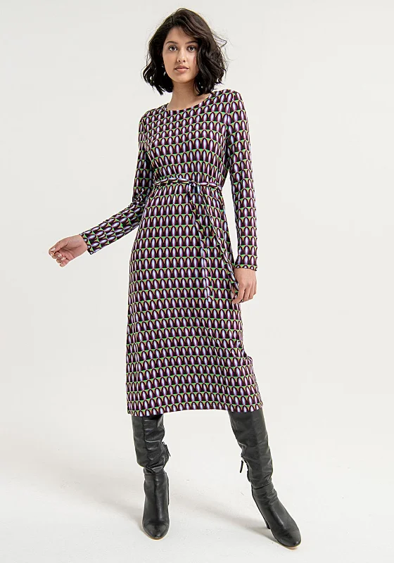 Surkana Belted Waist Unique Print Midi Dress, Multi Trendy Ruffle Hem Midi Dress