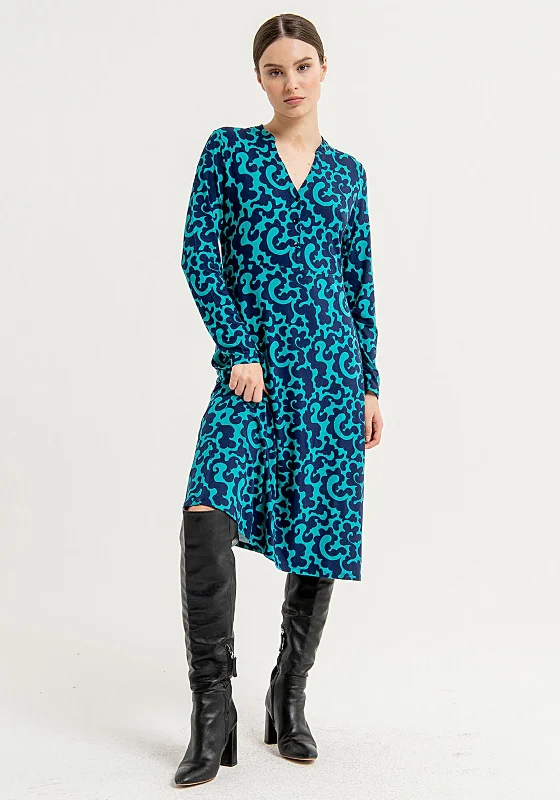 Surkana Print Shirt Style Midi Dress, Blue Trendy Off-Shoulder Button Midi Dress