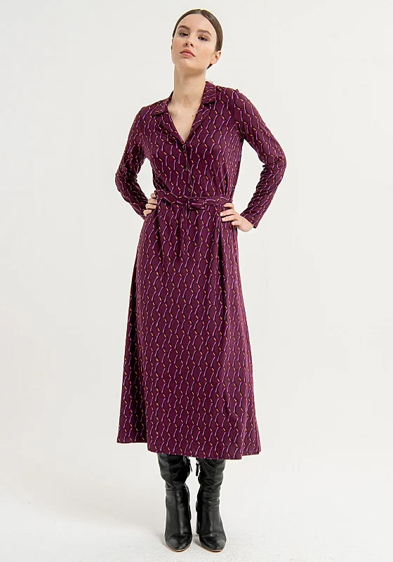 Surkana Abstract Print Shirt Style Midi Dress, Plum Fashionable Pleated Midi Dress