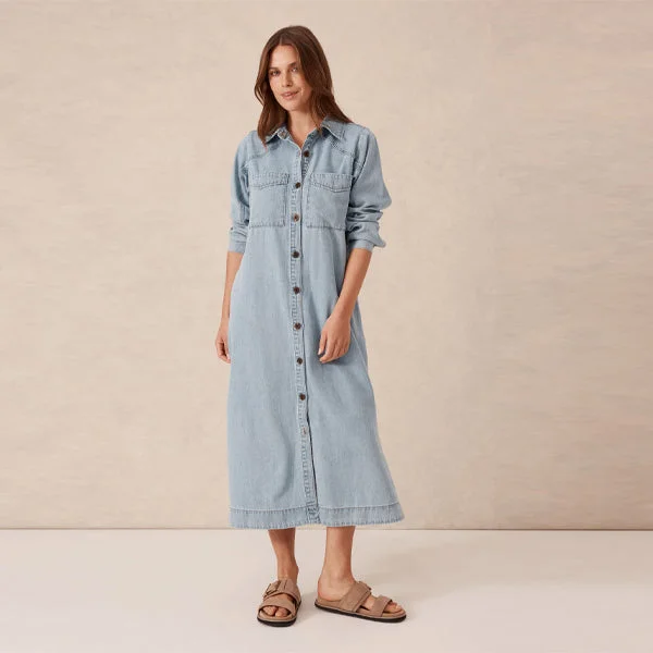 Long Sleeve Yoke Detail Midi Dress - Mid Blue Wash Comfortable Fit-and-Flare Midi Dress