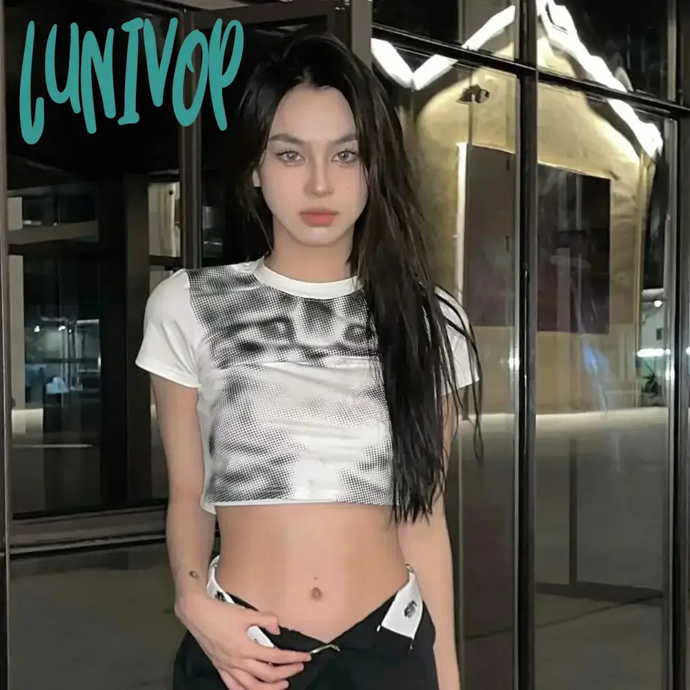 Lunivop Funny Cat Print T-shirt Y2k Aesthetics Crop Top Grunge Vintage Slim Tee Fairycore Harajuku Women Short Sleeve Sexy Tops Mesh Canvas Denim