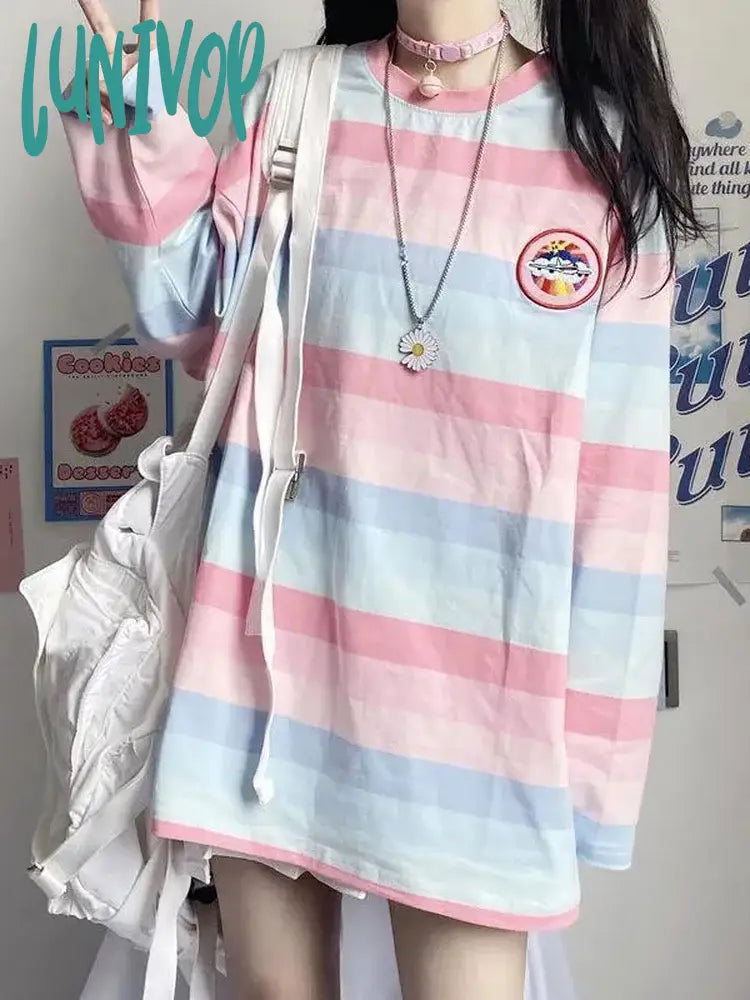Lunivop Women's Striped T-shirt Long Sleeve Japanese Kawaii Girl Tshirt Summer Retro Rainbow Harajuku Tees Graphics Tops Female Graphic Embroidered Appliqued Lunivop Women's Striped T-shirt Long Sleeve Japanese Kawaii Girl Tshirt Summer Retro Rainbow Harajuku Tees Graphics Tops Female Graphic Embroidered Appliqued