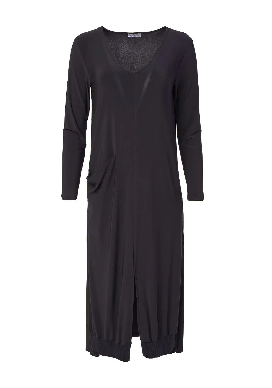 Naya V-Neckline, Draped Pocket Midi Dress, Black Comfortable Lace-Up Midi Dress