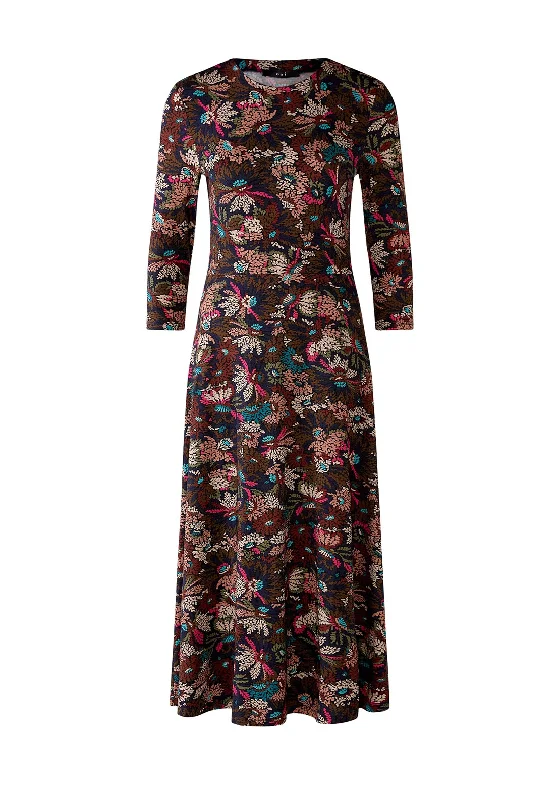 OUI Leaf Print A-Line Jersey Midi Dress, Multi Elegant Pleated Sleeve Midi Dress