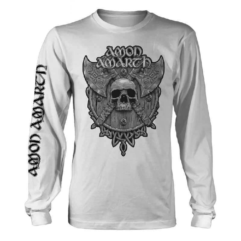 Amon Amarth Unisex Long Sleeved T-shirt: Grey Skull (White - Back Print) Satin Blend Silk Blend Wool Blend