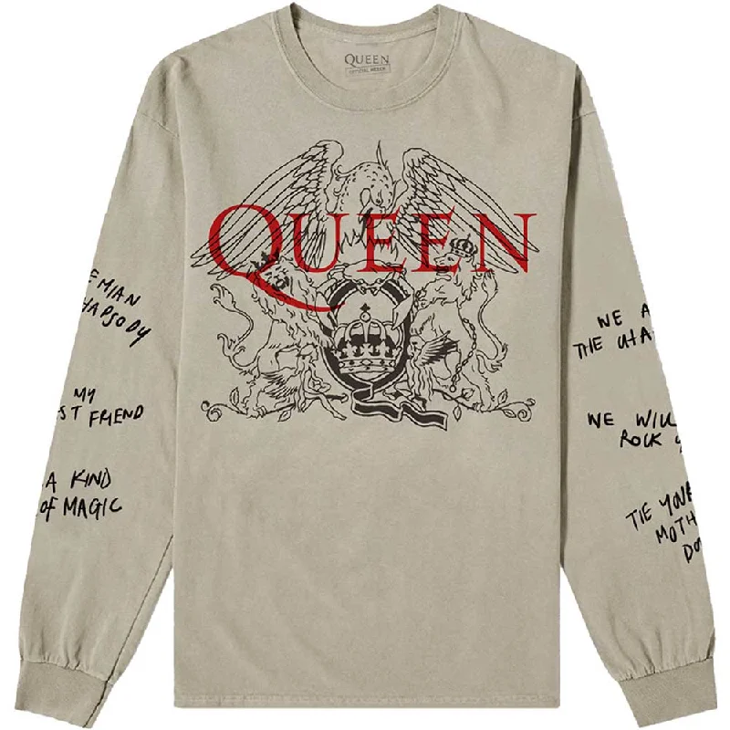 Queen Unisex Long Sleeve T-Shirt: Handwritten (Sleeve Print) Asymmetrical Pockets Print