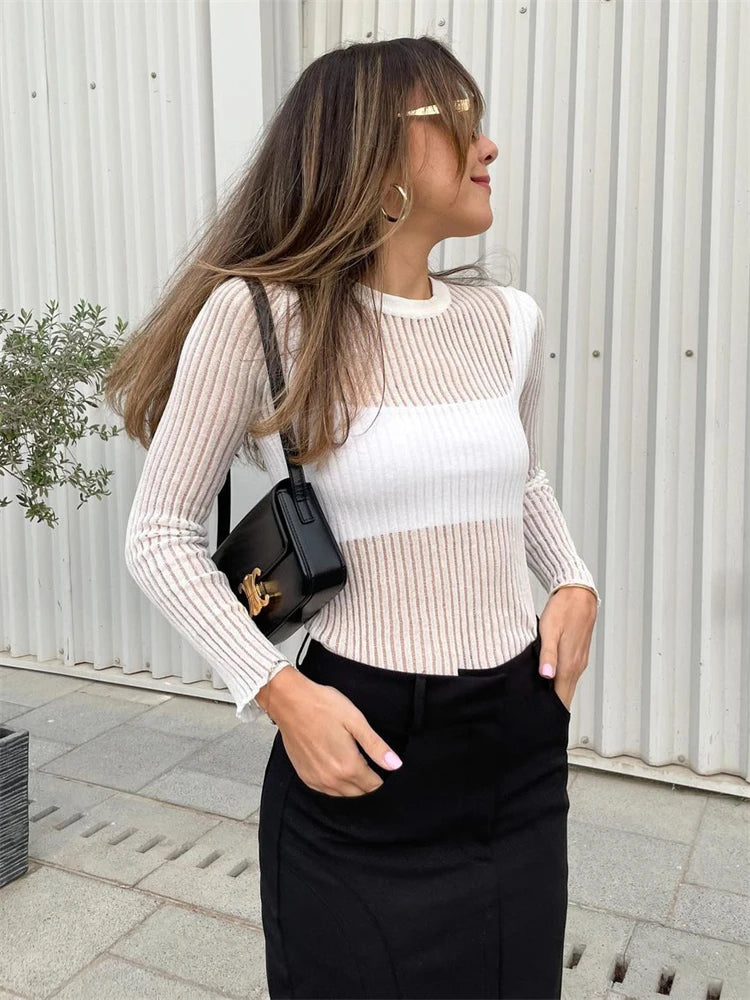 Ribbed Knit Long Sleeve White See-through Knit Rib Casual Spring Skinny T-shirt Knit Fabric Woven Fabric Fleece Fabric