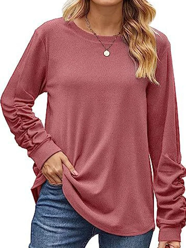 Ruched Lightweight Crewneck Long Sleeve T-Shirt Print Jacquard Patchwork