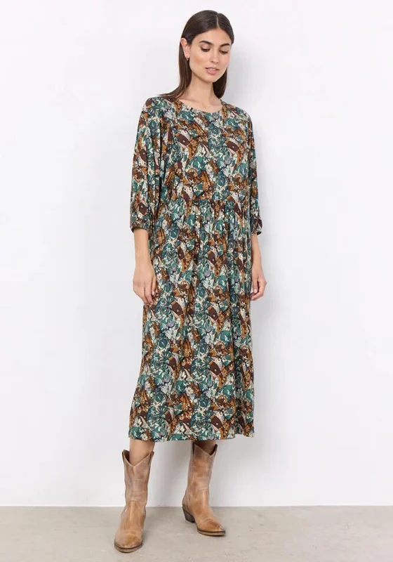 Soyaconcept Marica Puff Sleeve Floral Print Midi Dress, Dark Green Trendy Off-Shoulder Ruffle Midi Dress