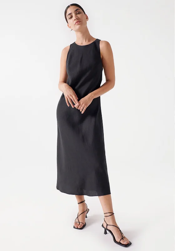 Salsa Open Back Linen Midi Dress, Black Fashionable Pencil Midi Dress