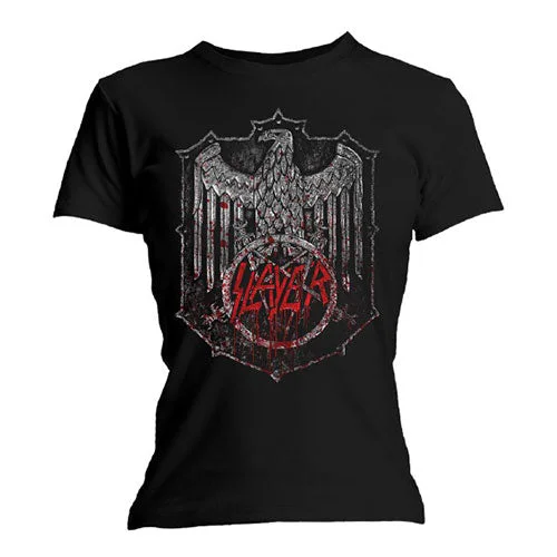 Slayer Ladies T-Shirt: Bloody Shield Beaded Sequined Faux Fur