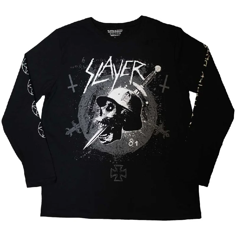 Slayer| Official Band Long Sleeve T-Shirt | Dagger Skull (Sleeve Print) Ribbed Striped Patterned