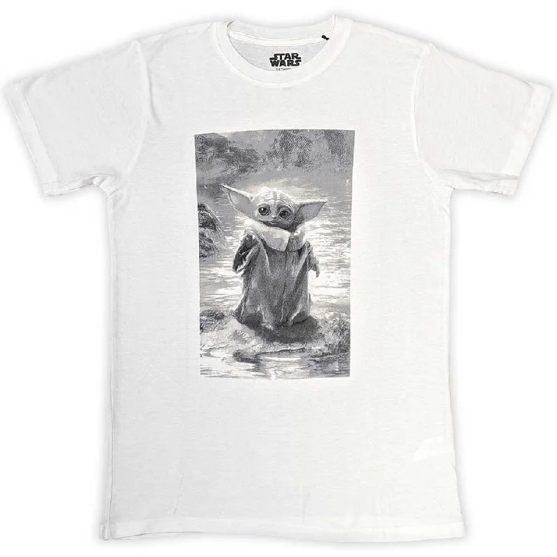 Star Wars | Official Film T-Shirt | The Mandalorian Grogu B&W Silk Blend Satin Velvet Star Wars | Official Film T-Shirt | The Mandalorian Grogu B&W Silk Blend Satin Velvet